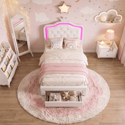 Cama 90x200cm, LED, gavetas, cama de adolescente, cama de criança, cama de solteiro com sanca, gavetas, PU