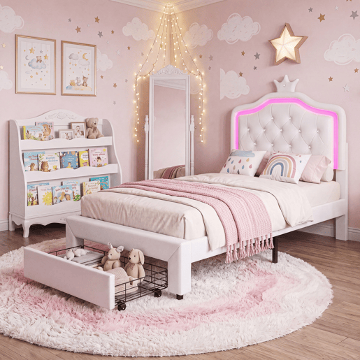 Cama 90x200cm, LED, gavetas, cama de adolescente, cama de criança, cama de solteiro com sanca, gavetas, PU