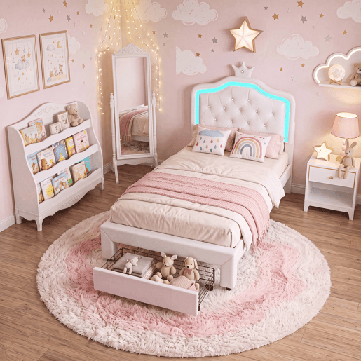 Cama 90x200cm, LED, gavetas, cama de adolescente, cama de criança, cama de solteiro com sanca, gavetas, PU