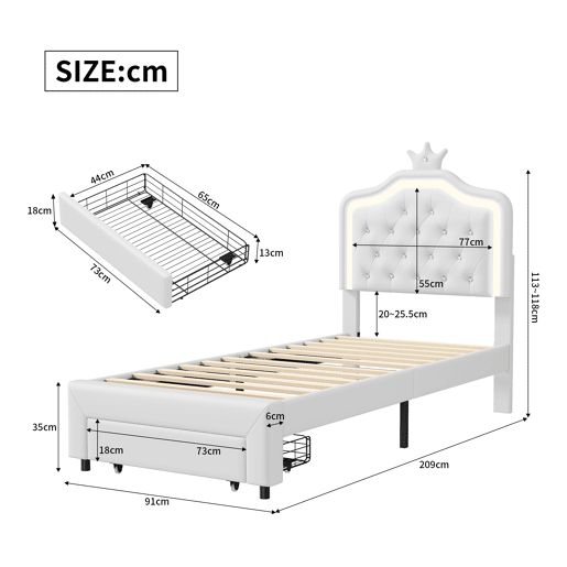 Cama 90x200cm, LED, gavetas, cama de adolescente, cama de criança, cama de solteiro com sanca, gavetas, PU