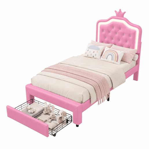 Cama 90x200cm, LED, gavetas, cama jovem, cama infantil, cama individual, cama de madeira, PU, u200Bu200Brosa