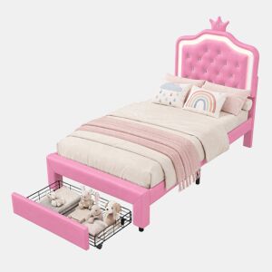 Cama 90x200cm, LED, gavetas, cama jovem, cama infantil, cama individual, cama de madeira, PU, u200Bu200Brosa