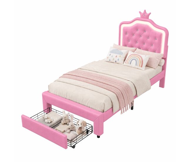 Cama 90x200cm, led, cajones, cama juvenil, cama infantil, cama individual, cama de madera, pu, rosa