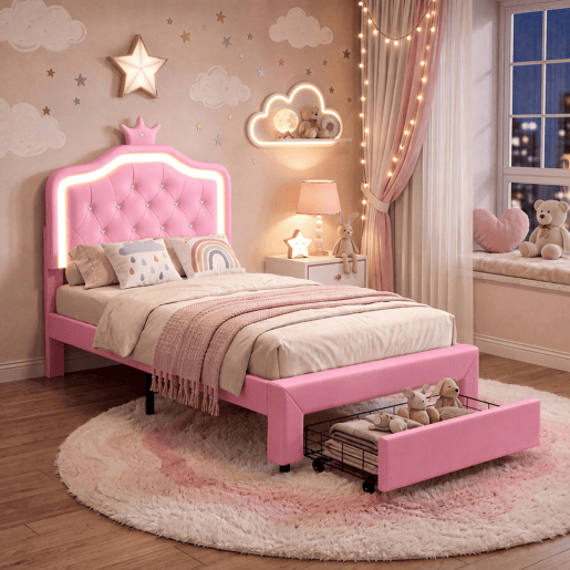 Cama 90x200cm, LED, gavetas, cama jovem, cama infantil, cama individual, cama de madeira, PU, u200Bu200Brosa