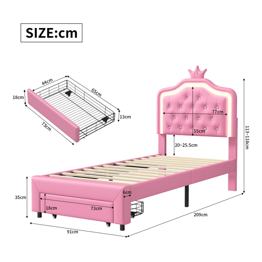 Cama 90x200cm, LED, gavetas, cama jovem, cama infantil, cama individual, cama de madeira, PU, u200Bu200Brosa