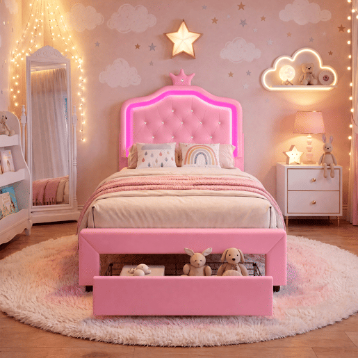 Cama 90x200cm, LED, gavetas, cama jovem, cama infantil, cama individual, cama de madeira, PU, u200Bu200Brosa