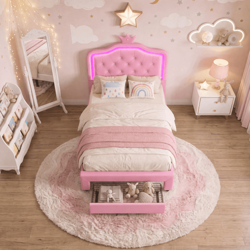 Cama 90x200cm, LED, gavetas, cama jovem, cama infantil, cama individual, cama de madeira, PU, u200Bu200Brosa