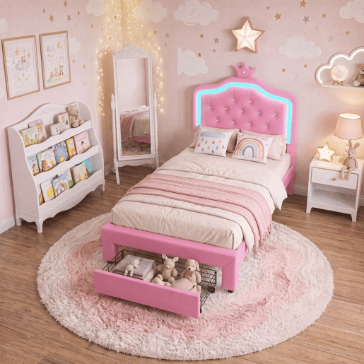 Cama 90x200cm, LED, gavetas, cama jovem, cama infantil, cama individual, cama de madeira, PU, u200Bu200Brosa