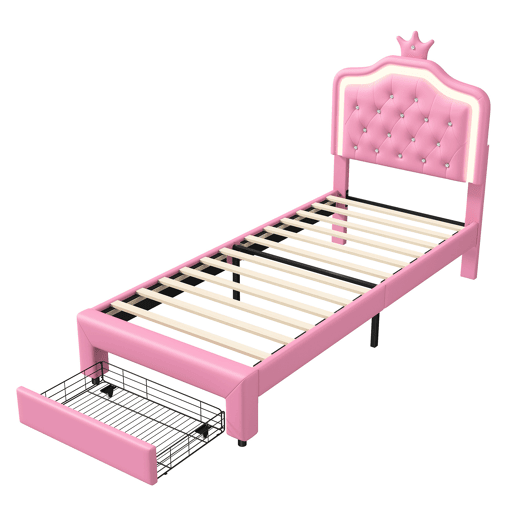 Cama 90x200cm, LED, gavetas, cama jovem, cama infantil, cama individual, cama de madeira, PU, u200Bu200Brosa