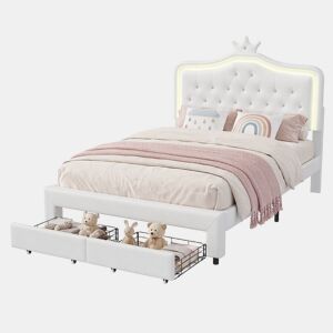 Cama 140x200cm, LED, Cama Jovem, Cama de Casal, Gavetas, Estrutura de Cama, Branca
