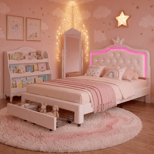 Cama 140x200cm, LED, Cama Jovem, Cama de Casal, Gavetas, Estrutura de Cama, Branca Cama 140x200cm, LED, Cama Jovem, Cama de Casal, Gavetas, Estrutura de Cama, Branca