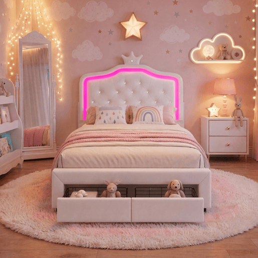 Cama 140x200cm, LED, Cama Jovem, Cama de Casal, Gavetas, Estrutura de Cama, Branca Cama 140x200cm, LED, Cama Jovem, Cama de Casal, Gavetas, Estrutura de Cama, Branca