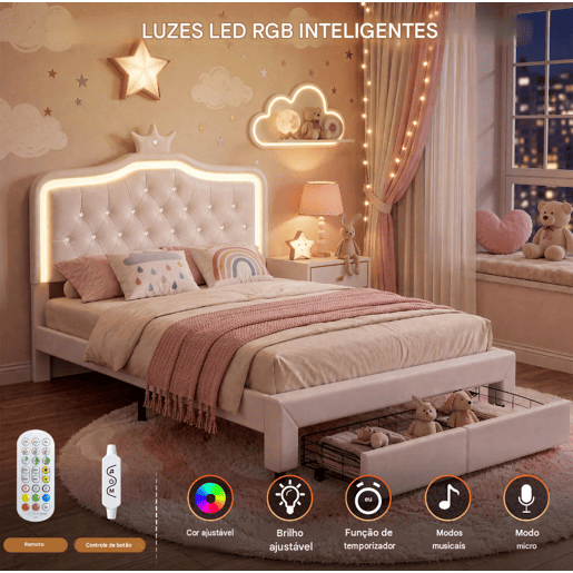 Cama 140x200cm, LED, Cama Jovem, Cama de Casal, Gavetas, Estrutura de Cama, Branca Cama 140x200cm, LED, Cama Jovem, Cama de Casal, Gavetas, Estrutura de Cama, Branca