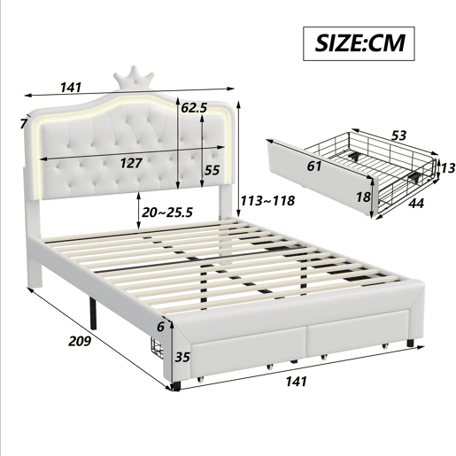 Cama 140x200cm, LED, Cama Jovem, Cama de Casal, Gavetas, Estrutura de Cama, Branca Cama 140x200cm, LED, Cama Jovem, Cama de Casal, Gavetas, Estrutura de Cama, Branca