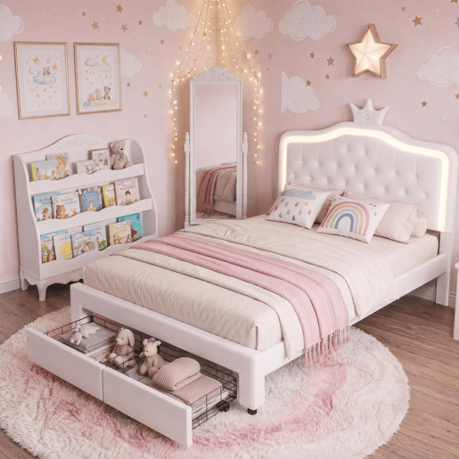 Cama 140x200cm, LED, Cama Jovem, Cama de Casal, Gavetas, Estrutura de Cama, Branca Cama 140x200cm, LED, Cama Jovem, Cama de Casal, Gavetas, Estrutura de Cama, Branca