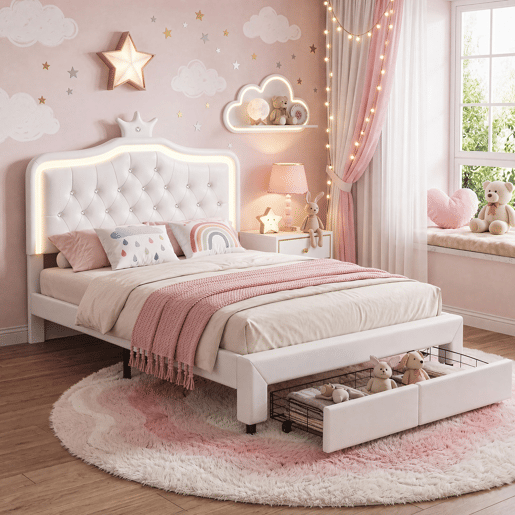 Cama 140x200cm, LED, Cama Jovem, Cama de Casal, Gavetas, Estrutura de Cama, Branca Cama 140x200cm, LED, Cama Jovem, Cama de Casal, Gavetas, Estrutura de Cama, Branca