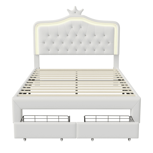 Cama 140x200cm, LED, Cama Jovem, Cama de Casal, Gavetas, Estrutura de Cama, Branca Cama 140x200cm, LED, Cama Jovem, Cama de Casal, Gavetas, Estrutura de Cama, Branca