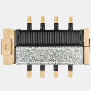 H.Koenig WOD360 Raclette 3 em 1, madeira, pedra natural, base rotativa 180°, 8 pessoas, 1400W