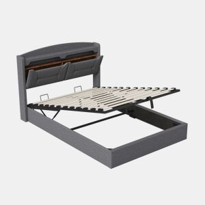 Cama de Casal Estofada 140x190 cm Cinzento Claro com Arrumação Hidráulica, Cabeceira LED RGB, USB e Compartimentos