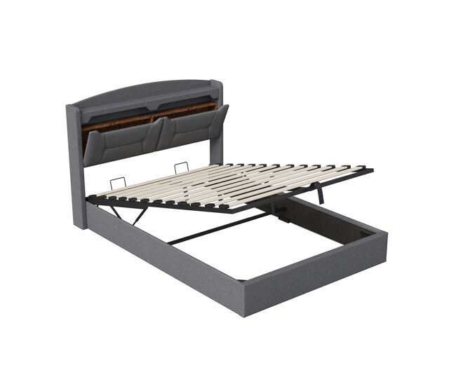 Cama doble tapizada 140x190 cm con almacenamiento hidráulico, cabecero led rgb, usb y compartimentos, gris claro