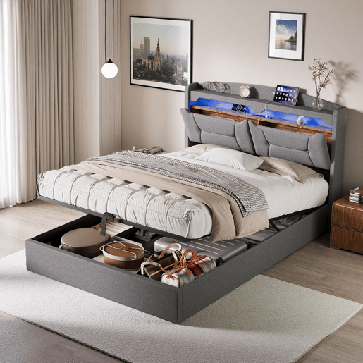 Cama de Casal Estofada 140x190 cm Cinzento Claro com Arrumação Hidráulica, Cabeceira LED RGB, USB e Compartimentos Cama de Casal Estofada 140x190 cm Cinzento Claro com Arrumação Hidráulica, Cabeceira LED RGB, USB e Compartimentos