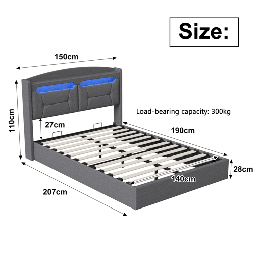 Cama de Casal Estofada 140x190 cm Cinzento Claro com Arrumação Hidráulica, Cabeceira LED RGB, USB e Compartimentos Cama de Casal Estofada 140x190 cm Cinzento Claro com Arrumação Hidráulica, Cabeceira LED RGB, USB e Compartimentos