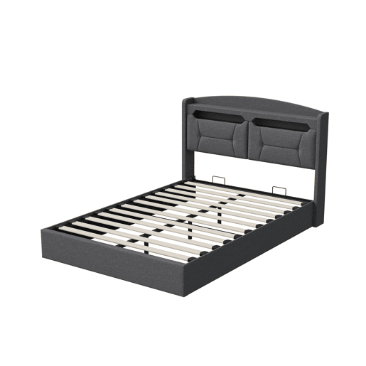 Cama de Casal Estofada 140x190 cm Cinzento Claro com Arrumação Hidráulica, Cabeceira LED RGB, USB e Compartimentos Cama de Casal Estofada 140x190 cm Cinzento Claro com Arrumação Hidráulica, Cabeceira LED RGB, USB e Compartimentos
