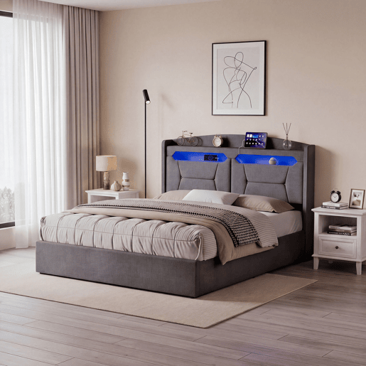 Cama de Casal Estofada 140x190 cm Cinzento Claro com Arrumação Hidráulica, Cabeceira LED RGB, USB e Compartimentos Cama de Casal Estofada 140x190 cm Cinzento Claro com Arrumação Hidráulica, Cabeceira LED RGB, USB e Compartimentos