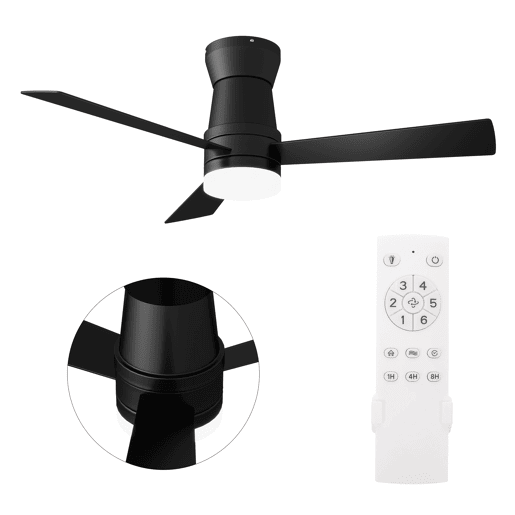 Ventoinha de teto 52 preta com luz LED, 3 pás, motor DC reversível, comando à distância, 3 temperaturas de cor, silenciosa