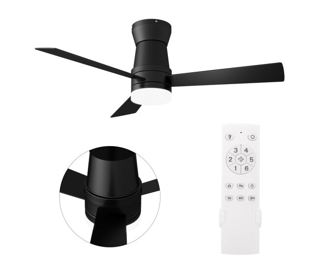Ventilador de techo 52" negro con luz led, 3 aspas, motor dc reversible, mando a distancia, 3 temperaturas de color, silencioso