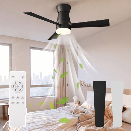 Ventoinha de teto 52 preta com luz LED, 3 pás, motor DC reversível, comando à distância, 3 temperaturas de cor, silenciosa