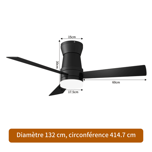 Ventoinha de teto 52 preta com luz LED, 3 pás, motor DC reversível, comando à distância, 3 temperaturas de cor, silenciosa