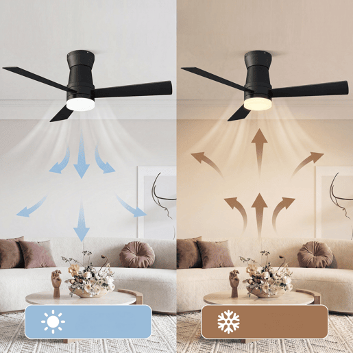 Ventoinha de teto 52 preta com luz LED, 3 pás, motor DC reversível, comando à distância, 3 temperaturas de cor, silenciosa