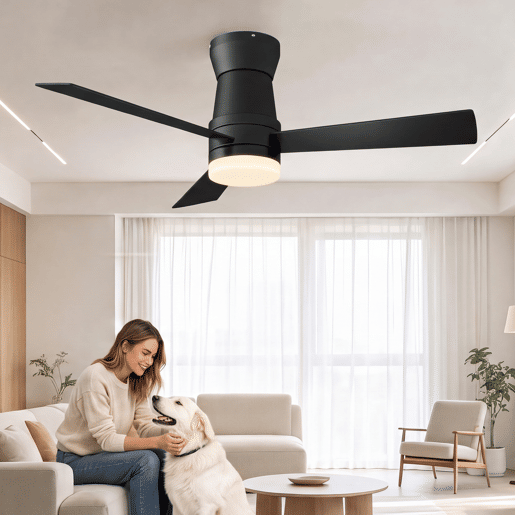 Ventoinha de teto 52 preta com luz LED, 3 pás, motor DC reversível, comando à distância, 3 temperaturas de cor, silenciosa