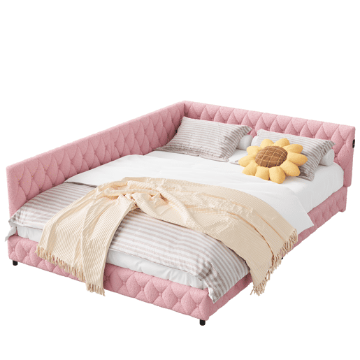Cama infantil estofada 140x200 cm com USB Tipo C, cama de casal com LED, sofá-cama, sofá-cama juvenil com estrado de ripas de madeira, Teddy, Rosa