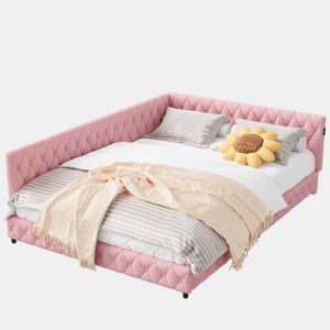 Cama infantil estofada 140x200 cm com USB Tipo C, cama de casal com LED, sofá-cama, sofá-cama juvenil com estrado de ripas de madeira, Teddy, Rosa