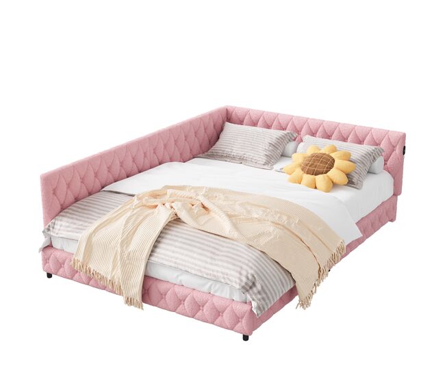 Cama infantil tapizada 140x200 cm con USB Tipo-C, cama doble con LED, sofá cama, sofá cama juvenil con somier de láminas de madera, Teddy, Rosa