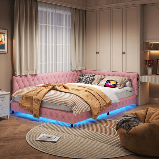 Cama infantil estofada 140x200 cm com USB Tipo C, cama de casal com LED, sofá-cama, sofá-cama juvenil com estrado de ripas de madeira, Teddy, Rosa