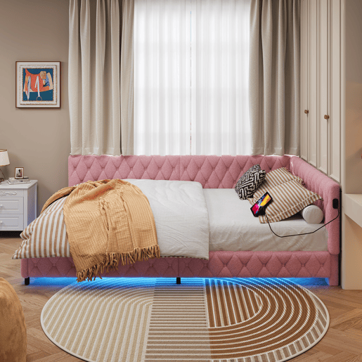 Cama infantil estofada 140x200 cm com USB Tipo C, cama de casal com LED, sofá-cama, sofá-cama juvenil com estrado de ripas de madeira, Teddy, Rosa