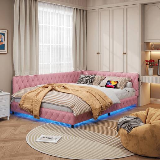 Cama infantil estofada 140x200 cm com USB Tipo C, cama de casal com LED, sofá-cama, sofá-cama juvenil com estrado de ripas de madeira, Teddy, Rosa