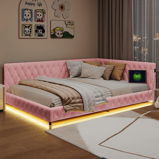 Cama infantil estofada 140x200 cm com USB Tipo C, cama de casal com LED, sofá-cama, sofá-cama juvenil com estrado de ripas de madeira, Teddy, Rosa