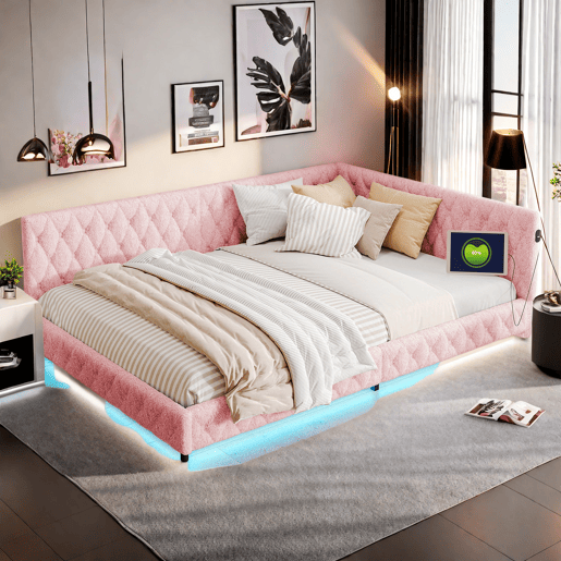 Cama infantil estofada 140x200 cm com USB Tipo C, cama de casal com LED, sofá-cama, sofá-cama juvenil com estrado de ripas de madeira, Teddy, Rosa