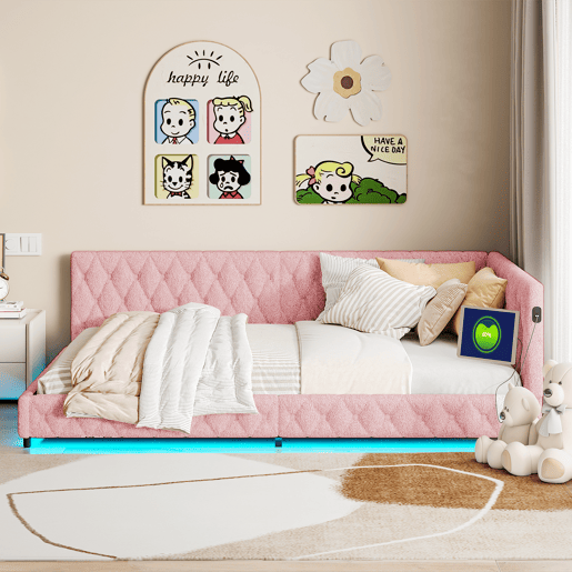 Cama infantil estofada 140x200 cm com USB Tipo C, cama de casal com LED, sofá-cama, sofá-cama juvenil com estrado de ripas de madeira, Teddy, Rosa