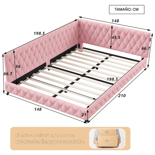 Cama infantil estofada 140x200 cm com USB Tipo C, cama de casal com LED, sofá-cama, sofá-cama juvenil com estrado de ripas de madeira, Teddy, Rosa