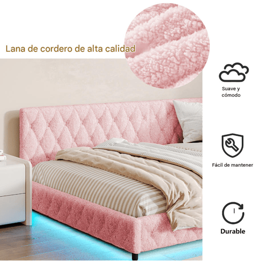 Cama infantil estofada 140x200 cm com USB Tipo C, cama de casal com LED, sofá-cama, sofá-cama juvenil com estrado de ripas de madeira, Teddy, Rosa