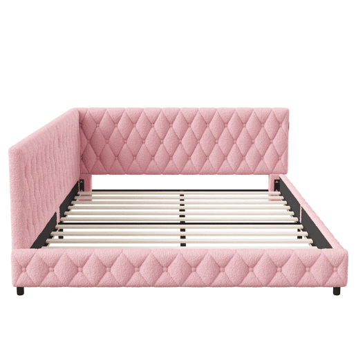 Cama infantil estofada 140x200 cm com USB Tipo C, cama de casal com LED, sofá-cama, sofá-cama juvenil com estrado de ripas de madeira, Teddy, Rosa
