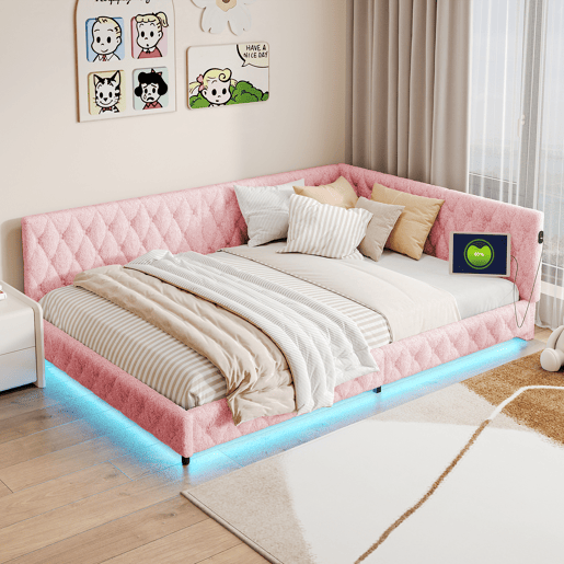 Cama infantil estofada 140x200 cm com USB Tipo C, cama de casal com LED, sofá-cama, sofá-cama juvenil com estrado de ripas de madeira, Teddy, Rosa