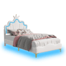 Cama 90x200cm, LED, cama jovem, cama infantil, PU, u200Bu200Bbranca