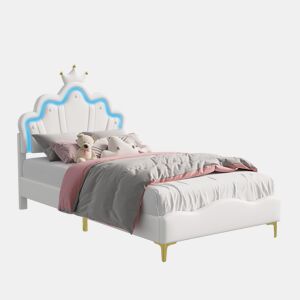 Cama 90x200cm, LED, cama jovem, cama infantil, PU, u200Bu200Bbranca