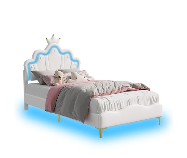Cama 90x200cm, led, cama juvenil, cama infantil, pu, color blanco